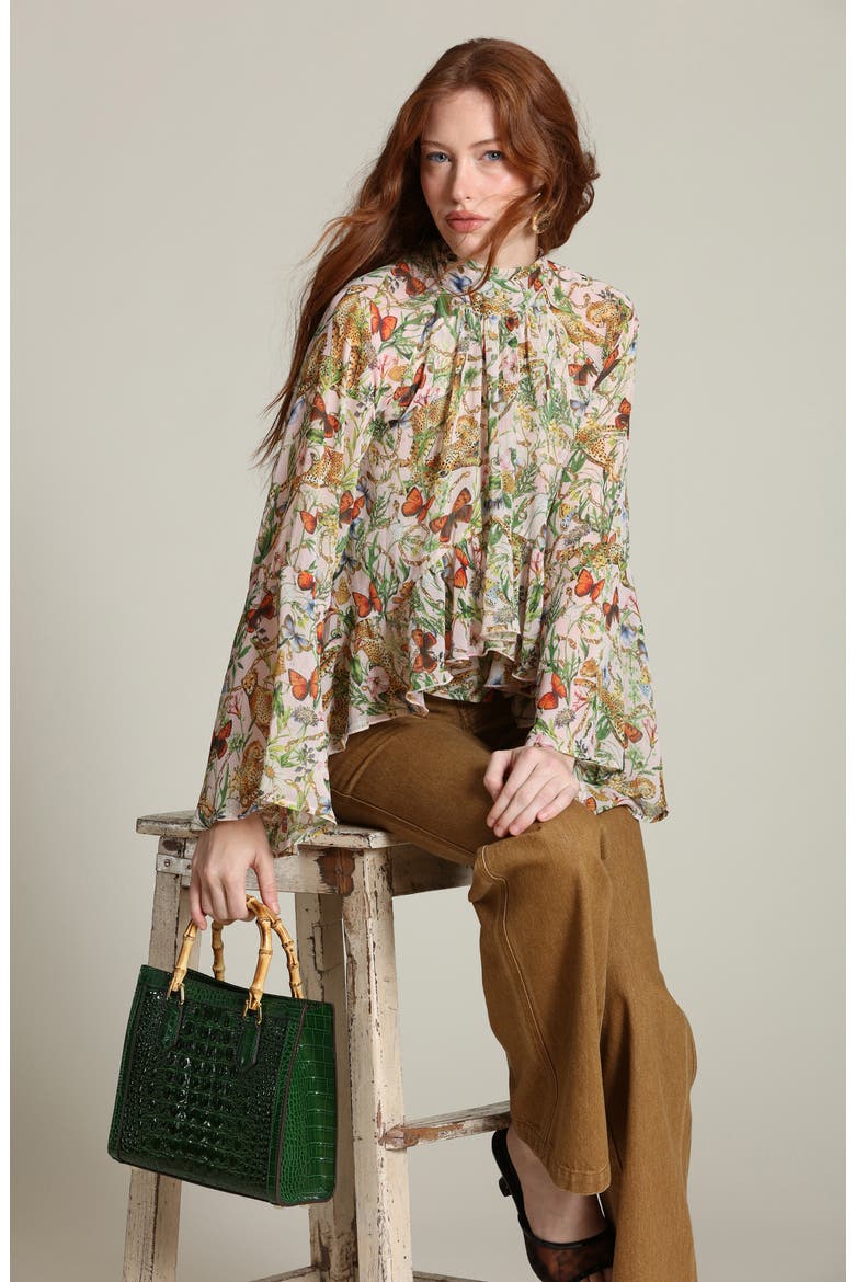 Mixed Print Tie Neck Long Sleeve Top, Alternate, color, PINK CHEETAH SCARF