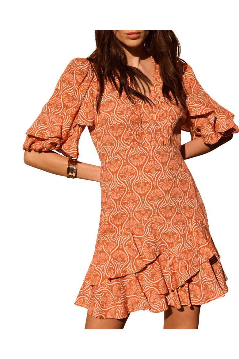 Printed Ruffle V-neck Mini Dress, Main, color, Orange