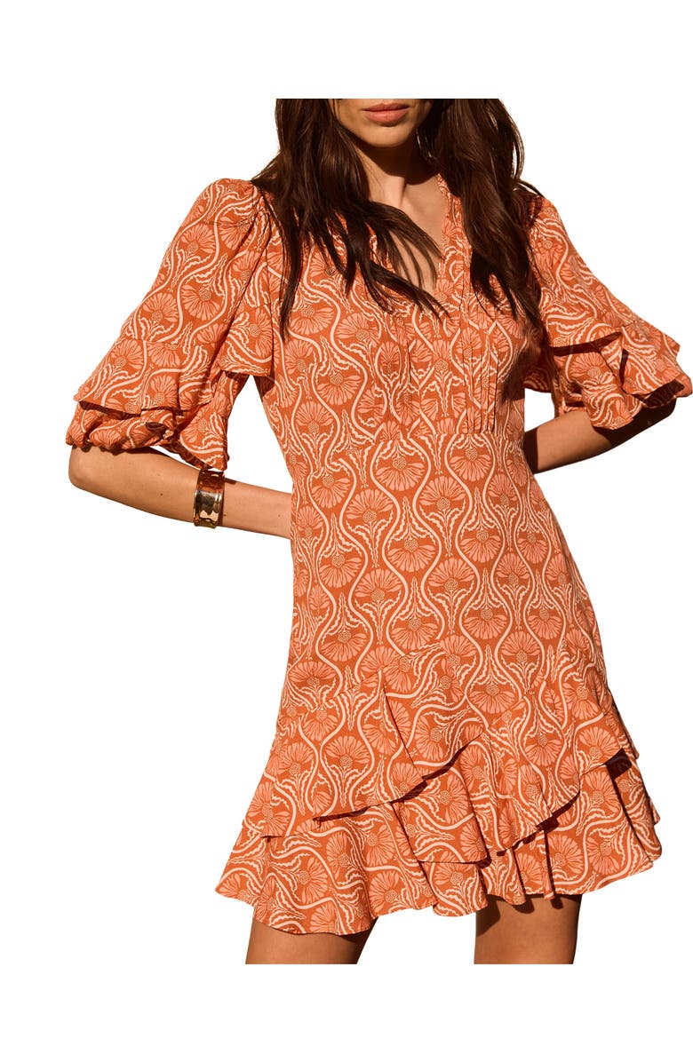 MINT VELVET Printed Ruffle V-neck Mini Dress, Main, color, Orange