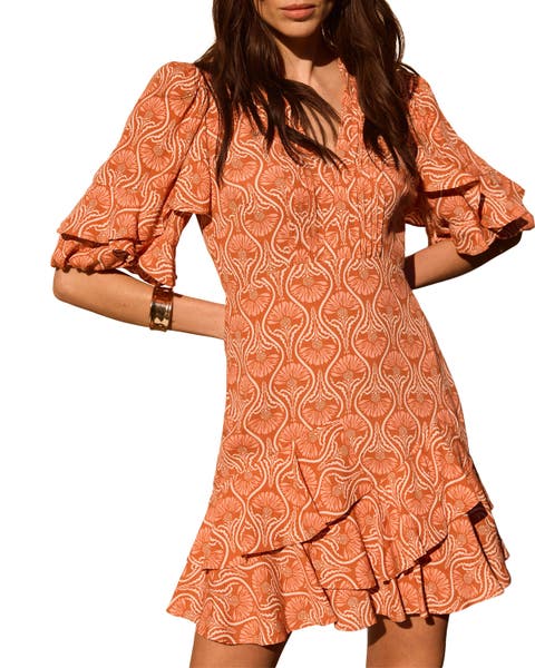 Printed Ruffle V-neck Mini Dress