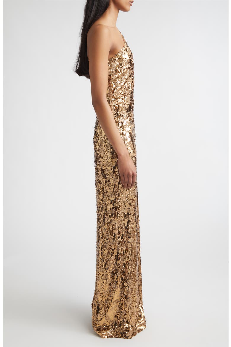 Sabrina Stretch Sequin One Shoulder Long Sleeve Gown, Alternate, color, COPPER