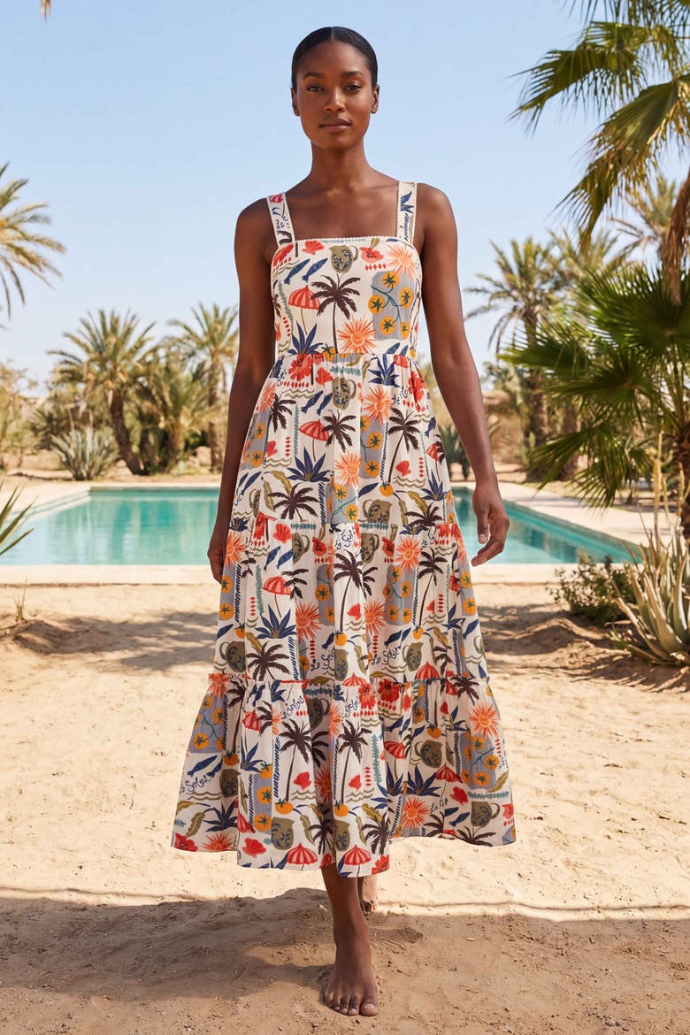 Lizzie Printed Tiered Midi Dress, Alternate, color, Riviera