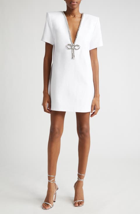 Crystal Bow V-Neck Ponte Knit T-Shirt Minidress