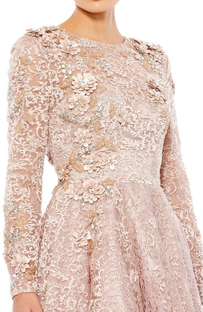 Mac Duggal Embellished Illusion Long Sleeve A Line Gown, Alternate, color, Mocha