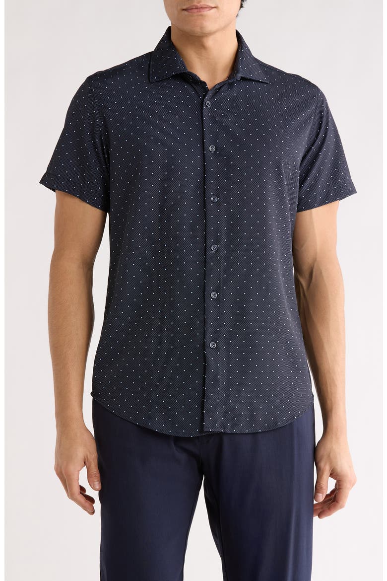 Micro Dot Tech Short Sleeve Button-Up Shirt, Main, color, NAVY