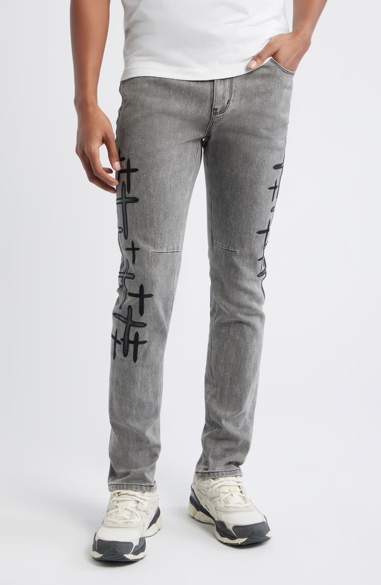 RtA Bryant Clouded Mist Cross Skinny Jeans, Main, color, Clouded Mist Cross Patch