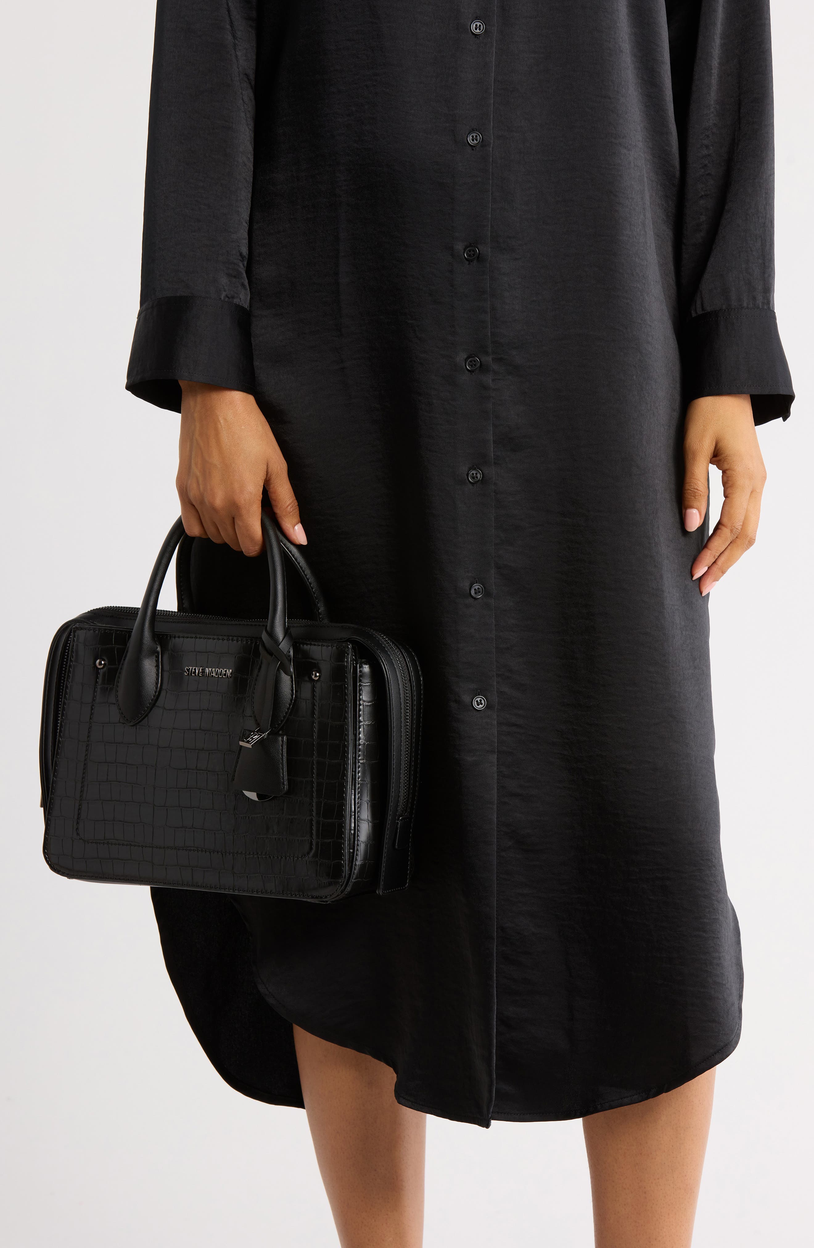 Steve Madden Foster Croc Embossed Satchel Bag, Alternate, color, Black Croco