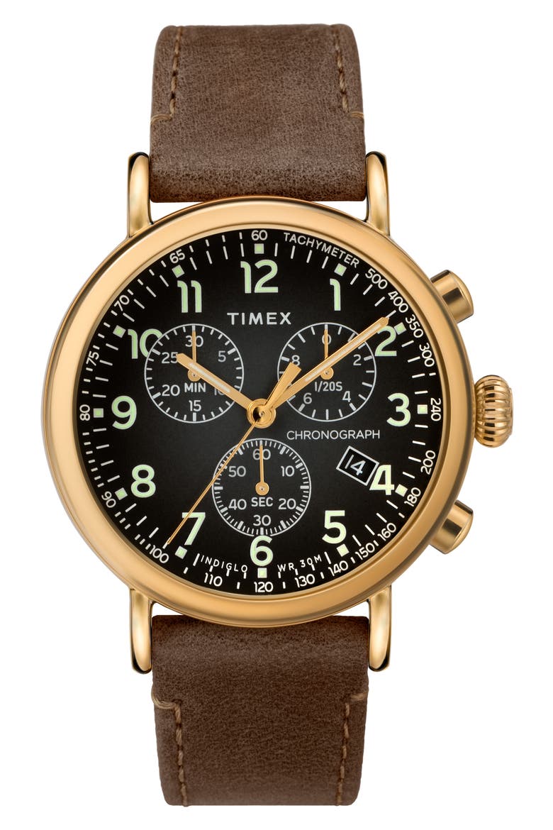 Standard Chronograph Leather Strap Watch, 41mm, Main, color, BROWN/ GREY/ GOLD
