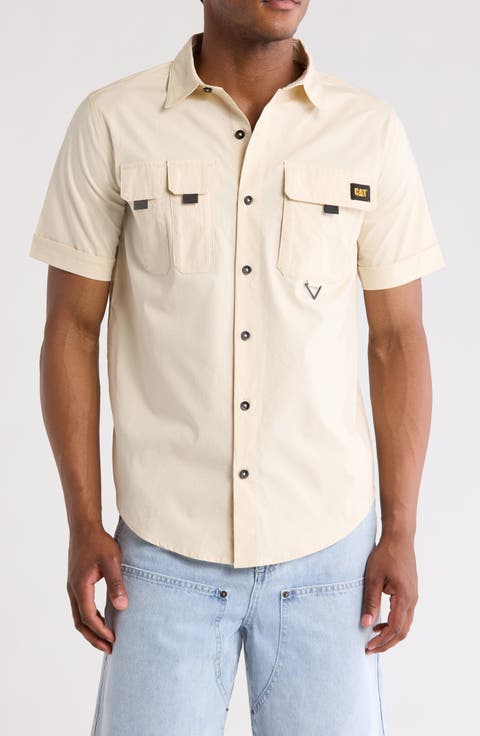 Utility Short Sleeve Button-Up Cotton Shirt