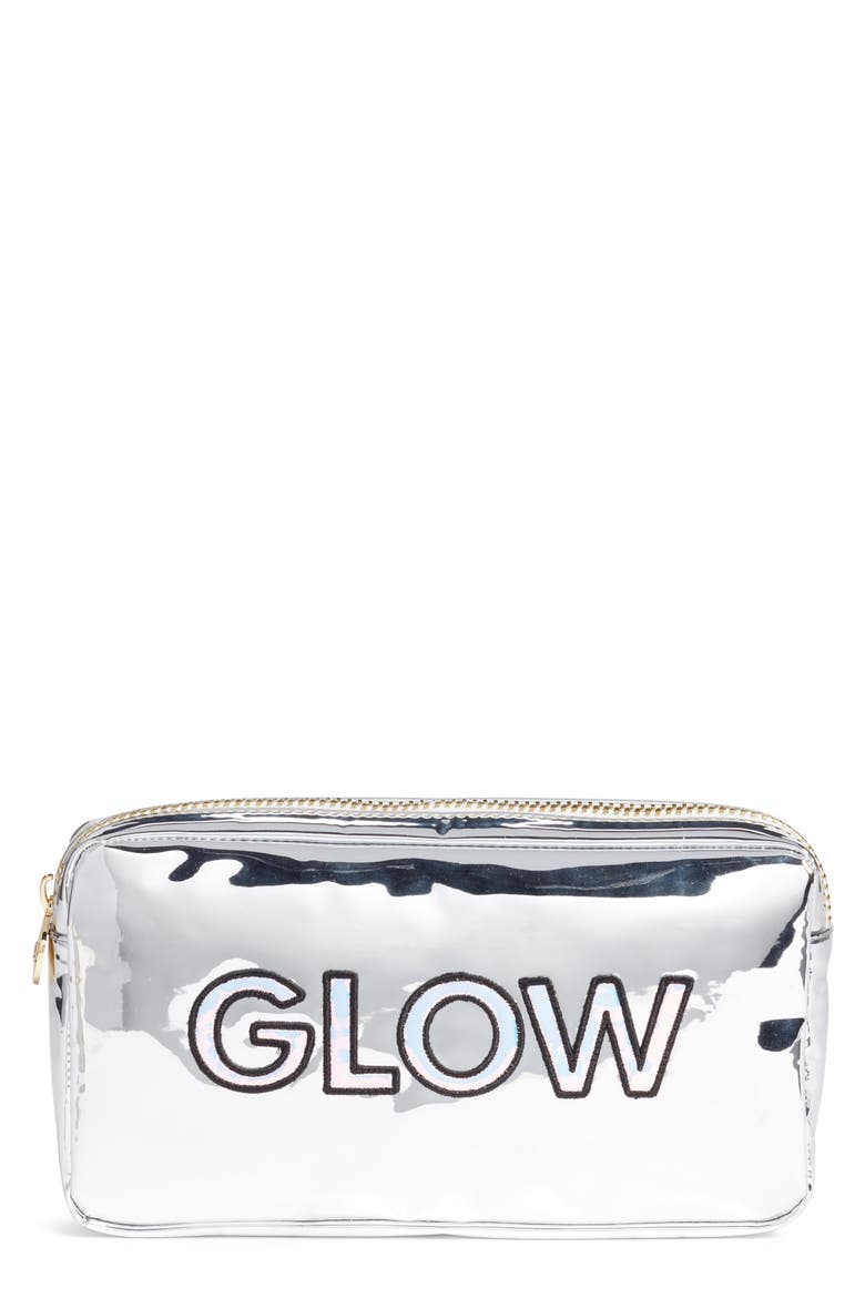Glow Small Silver Patent Cosmetics Bag, Main, color, SILVER