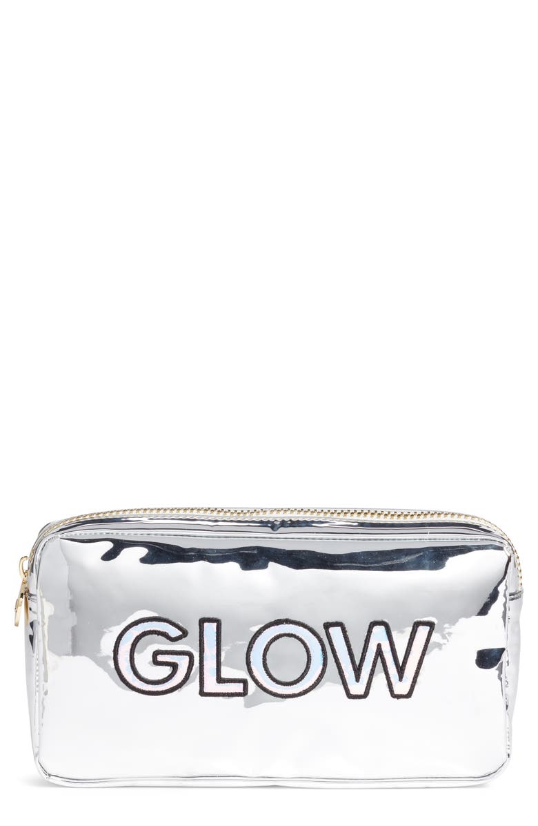 Stoney Clover Lane Glow Small Silver Patent Cosmetics Bag, Main, color,