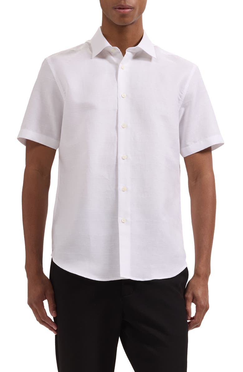 Bugatchi Orson Short Sleeve Cotton & Linen Button-Up Shirt, Main, color, White
