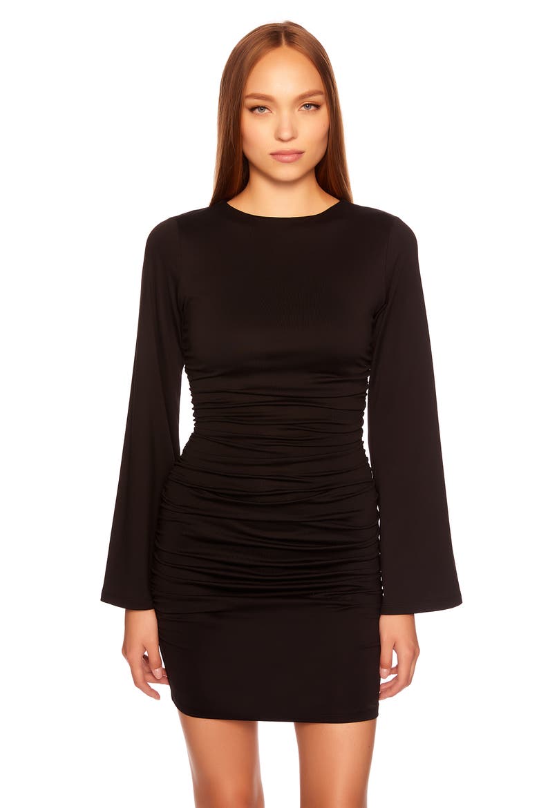 Gathered Long Sleeve Minidress, Alternate, color, BLACK