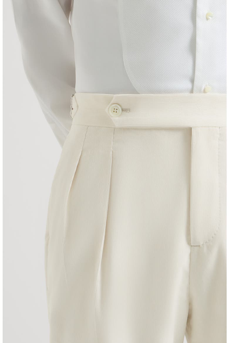 Sea Island cotton narrow wale corduroy tuxedo trousers with double pleats and tabbed waistband, Alternate, color, Milk