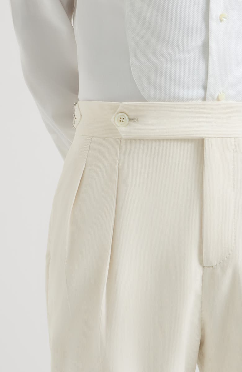 Brunello Cucinelli Sea Island cotton narrow wale corduroy tuxedo trousers with double pleats and tabbed waistband, Alternate, color, Milk