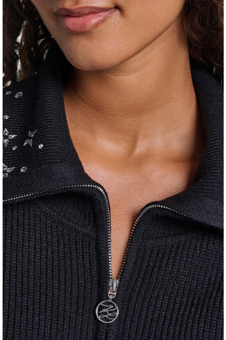 Crystal Collar Zip Up Sweater, Alternate, color, BLACK