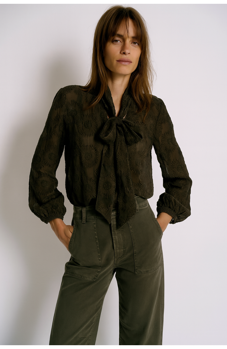 MINT VELVET Floral Tie Neck Blouse, Main, color, Khaki