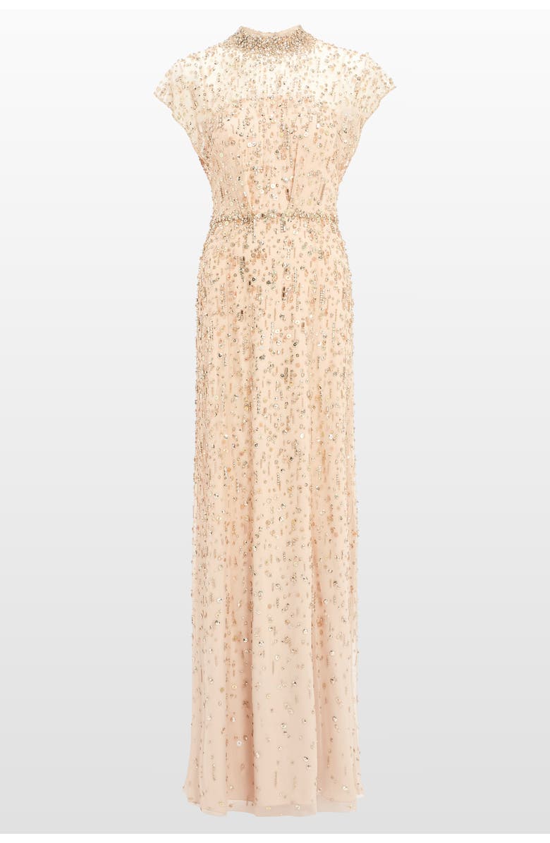 Jenny Packham Crystal Drop Embellished High-Neck Maxi Dress, Alternate, color, Illusion