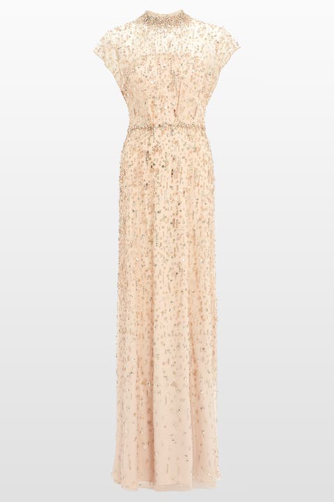 Crystal Drop Embellished High-Neck Maxi Dress
