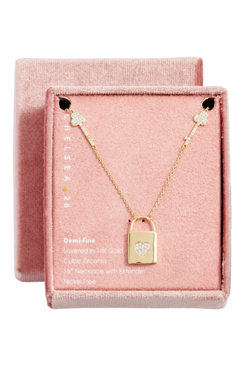 Gift Boxed Pavé Cubic Zirconia Locket Pendant Necklace, Main, color, CLEAR- GOLD