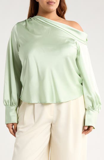 Renee C Drop Shoulder Satin Top In Green