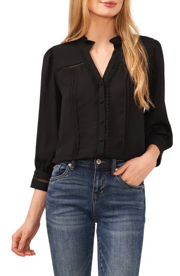 CECE CECE PINTUCK RUFFLE BUTTON-UP TOP