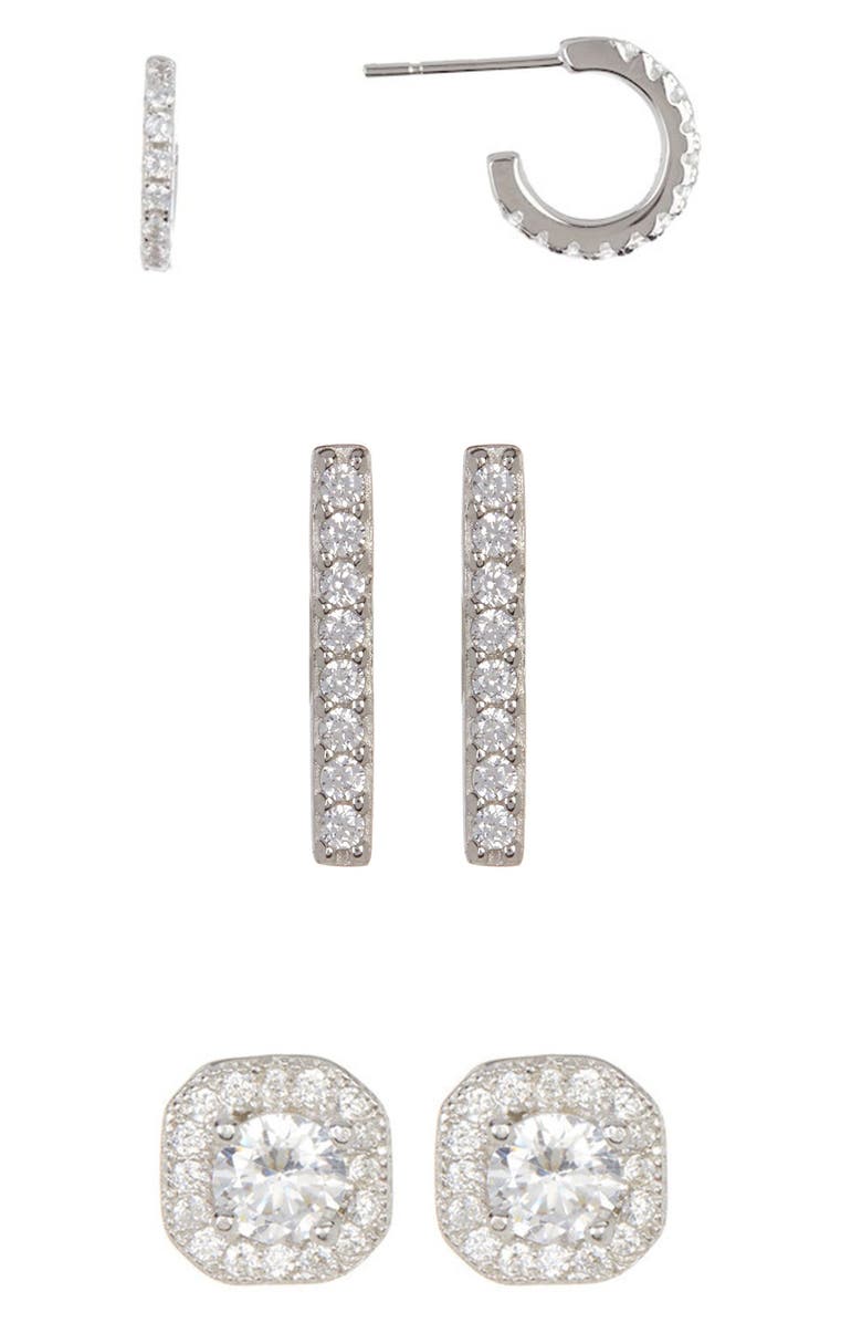 Adornia Set of 3 Stud & Hoop Earrings, Main, color, Silver