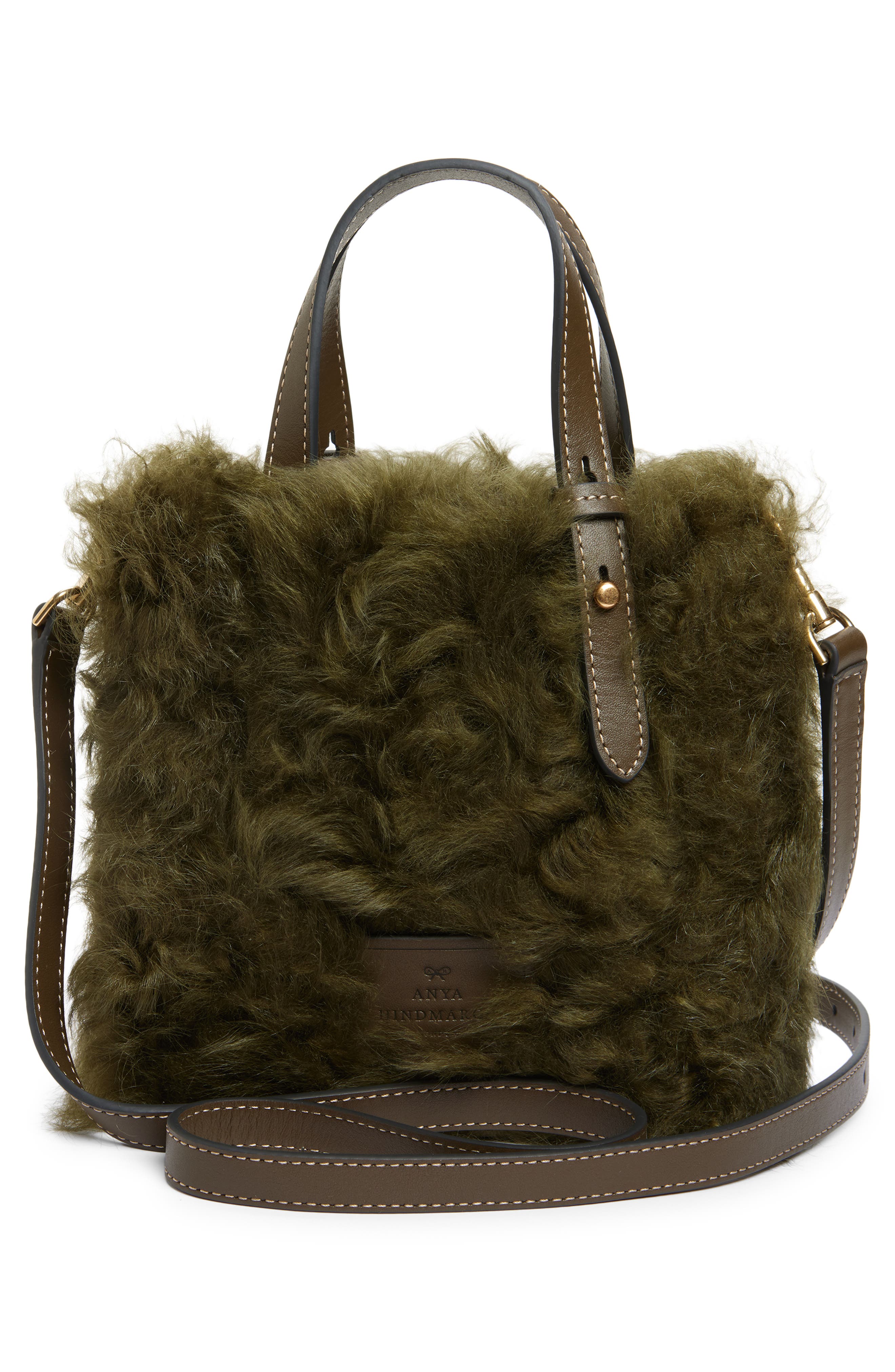 Anya Hindmarch Mini Eyes Genuine Shearling Crossbody Bag, Alternate, color, Khaki
