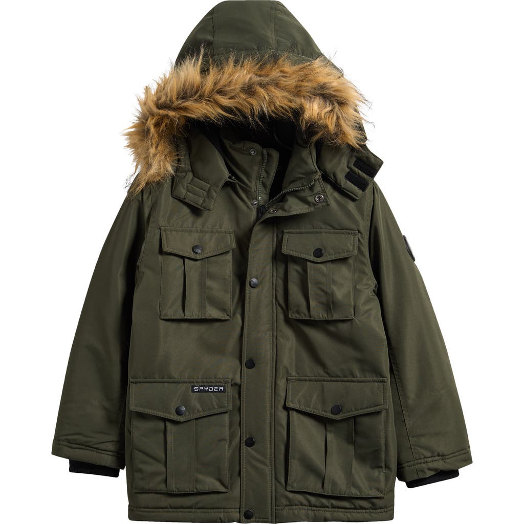 Spyder Kids' Faux Fur Trim Hooded Parka In Green