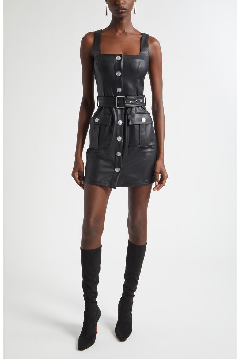 faux leather button down dress Black Textured Faux Leather Button Down Mini Dress