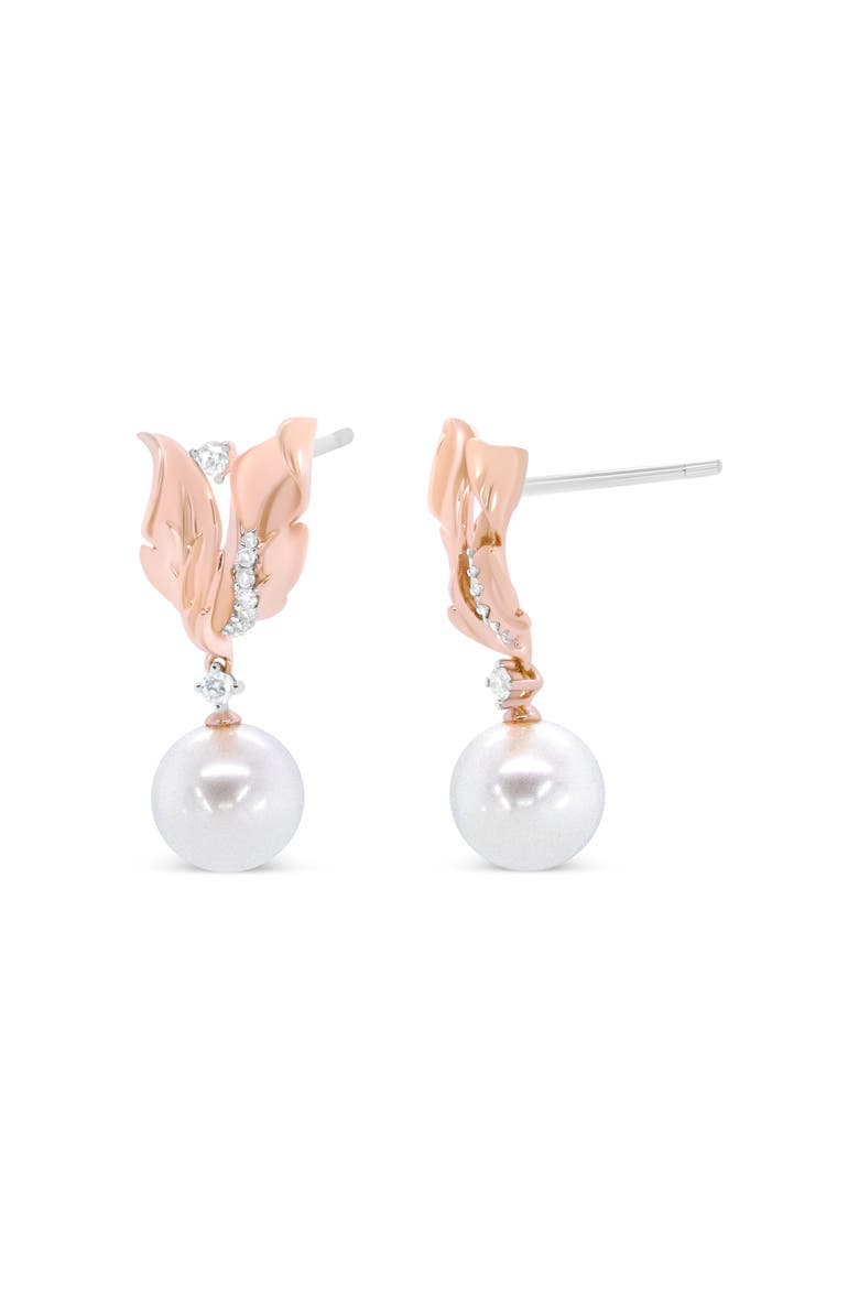 14K Rose Gold 1/6 Cttw Round Diamond and 8mm Round Pearl Floral Drop Stud Earrings, Alternate, color, Pink