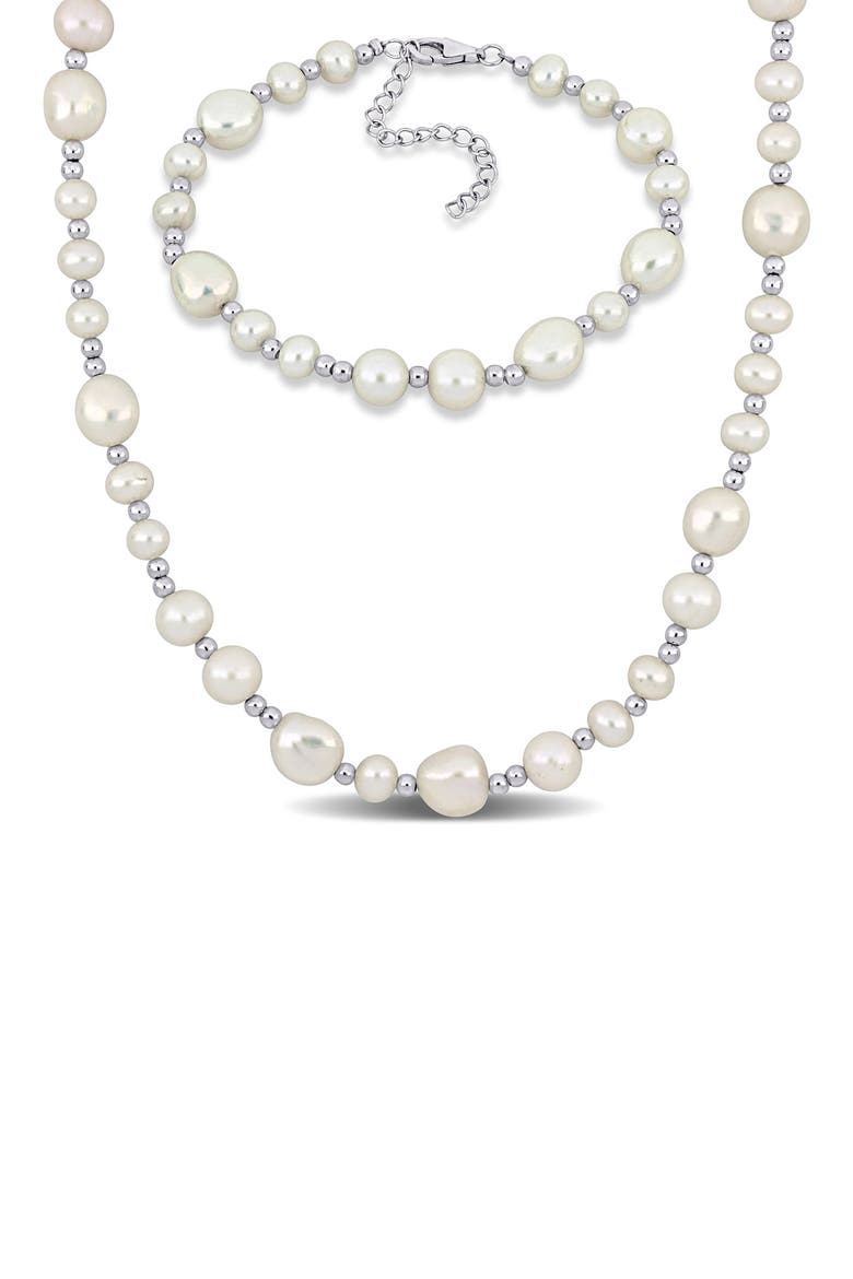 Cultured Freshwater Pearl Necklace & Bracelet Set, Main, color, WHITE