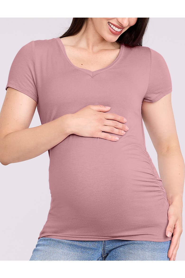V-Neck Side-Ruched Maternity Short Sleeve Tee, Main, color, Orchid Haze