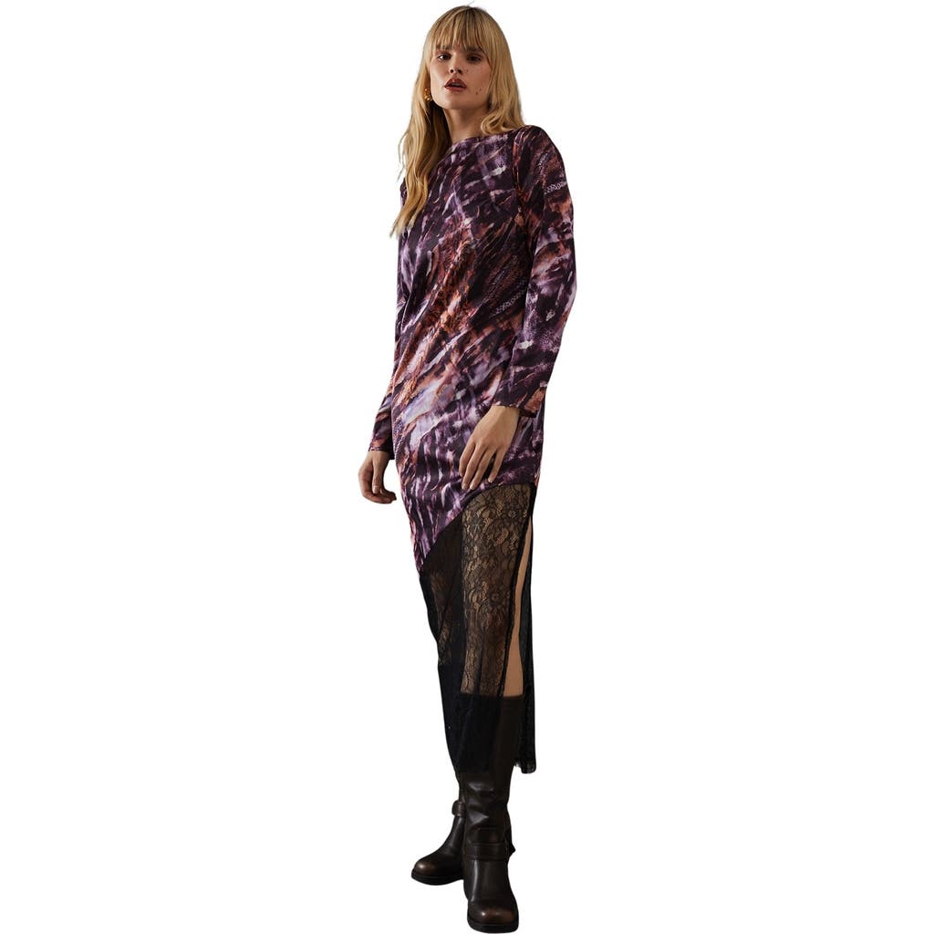 Warehouse Column Lace Panel Midi Dress In Animal Print