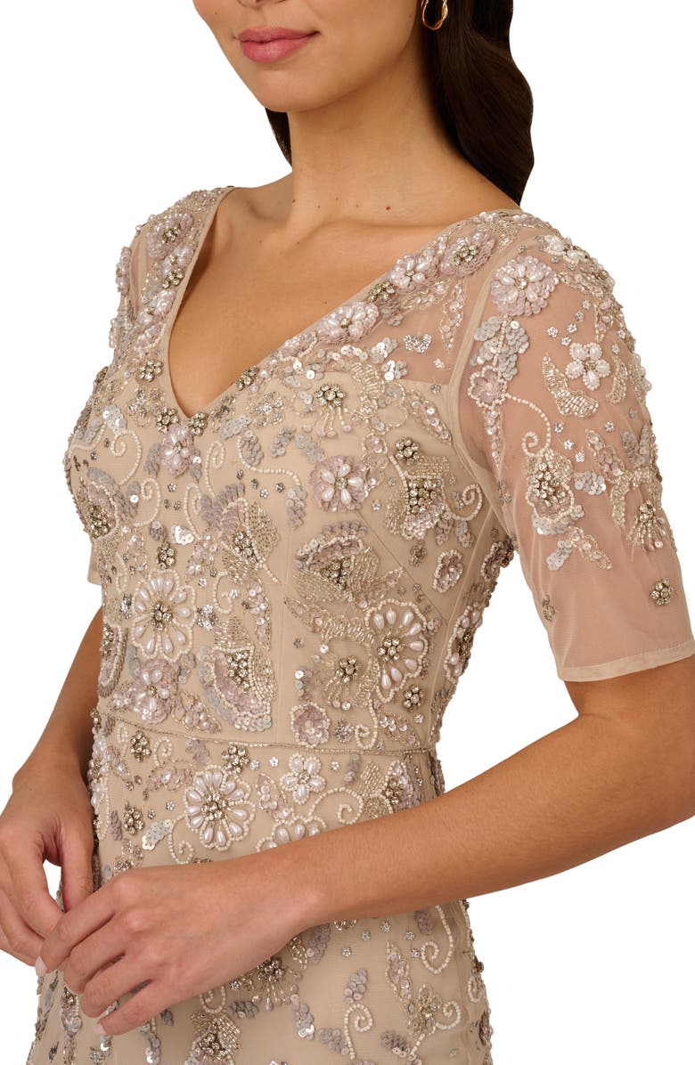 Adrianna Papell Beaded Mesh Gown, Alternate, color, Biscotti