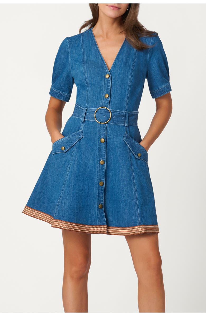 Shoshanna Classic Wash Denim with Trim Payton Dress, Main, color, Denim