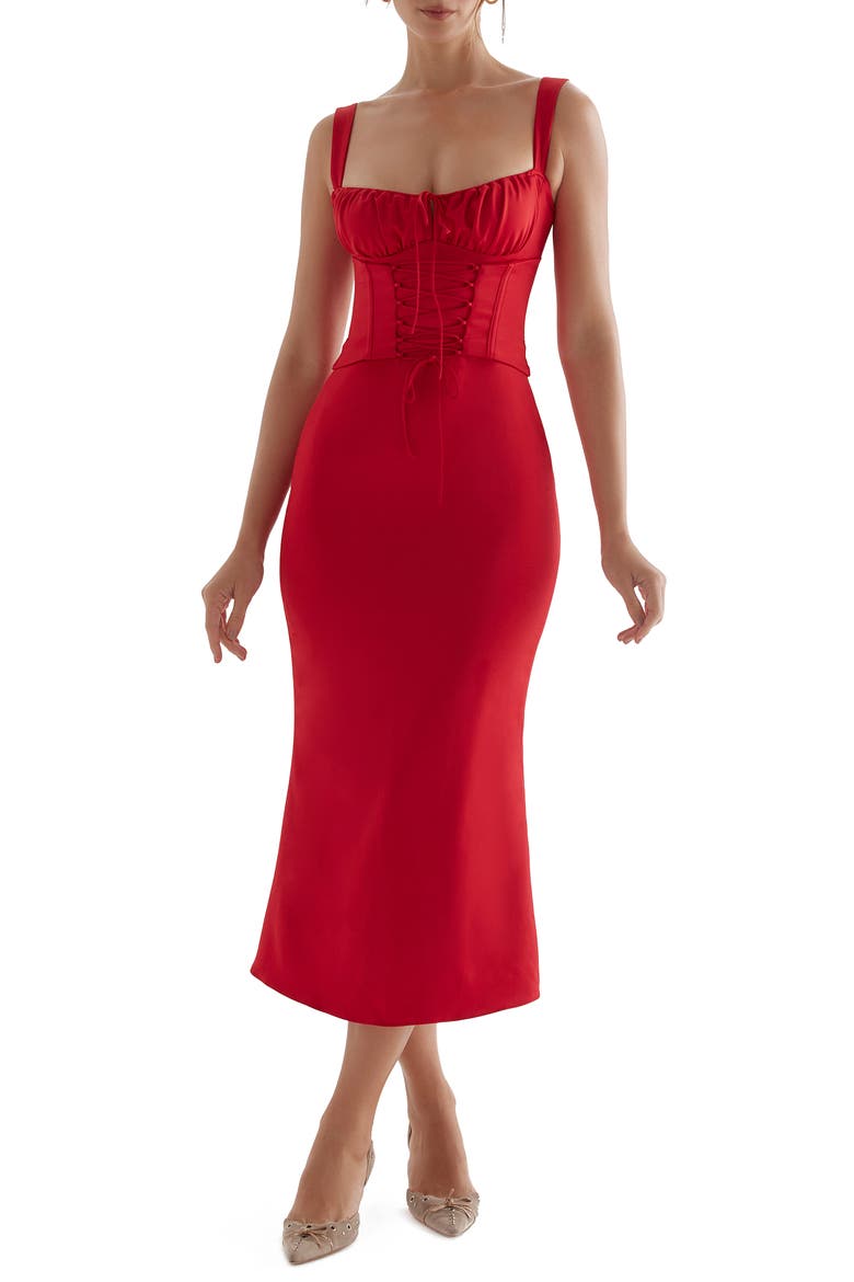 Valencia Duchess Satin Corset Midi Dress, Main, color, RED ROSE