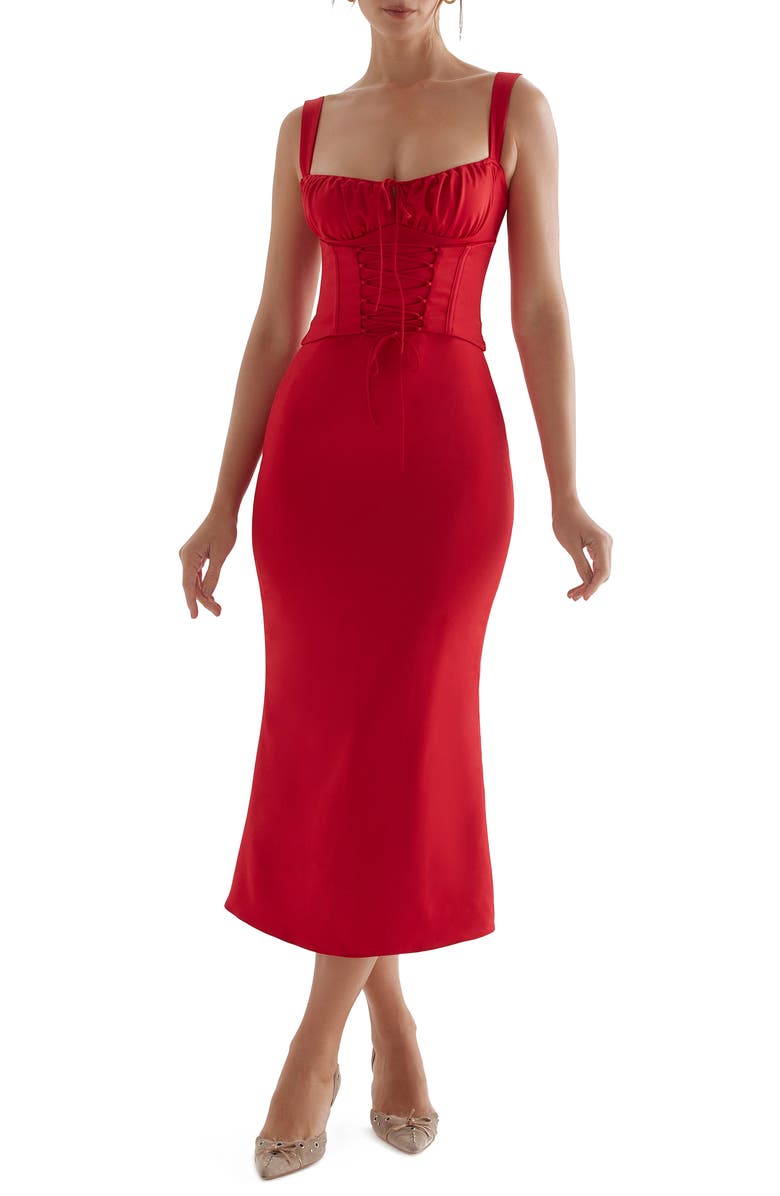 HOUSE OF CB Valencia Duchess Satin Corset Midi Dress, Main, color, Red Rose