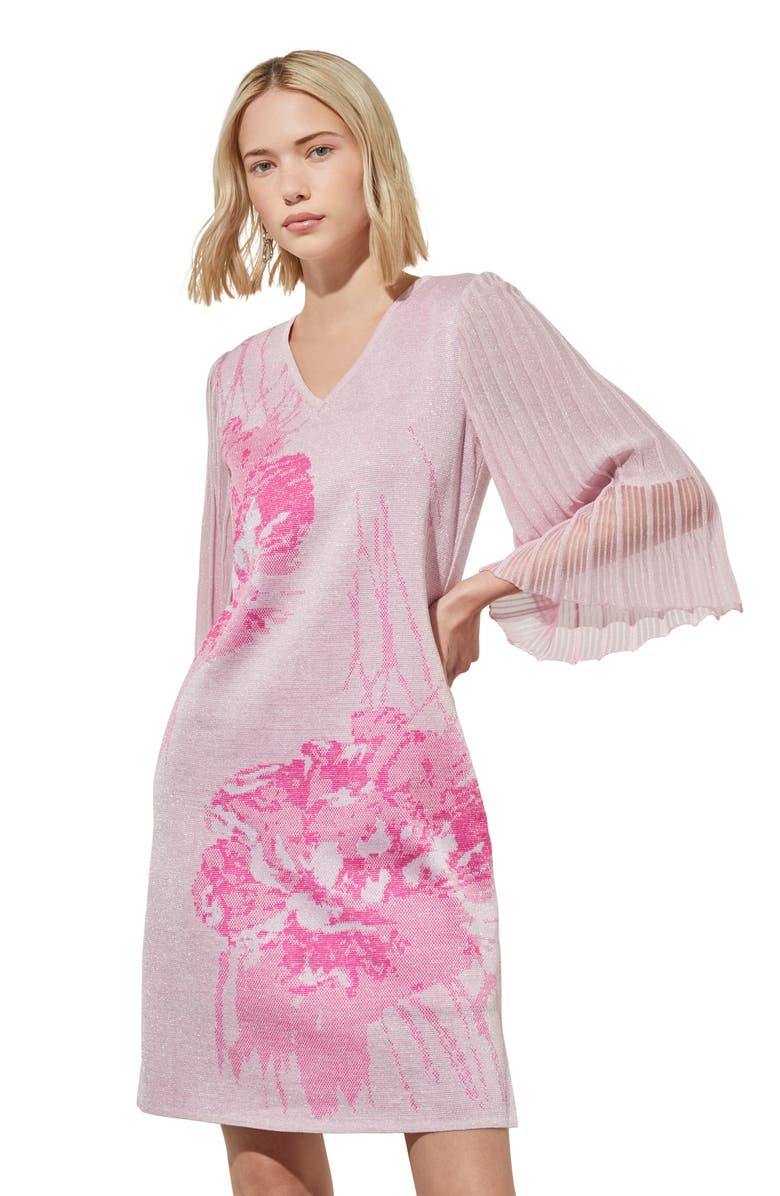 Ming Wang Floral Print Metallic Pleated Sleeve Shift Dress, Alternate, color, Perfect Pink/Carmine Rose