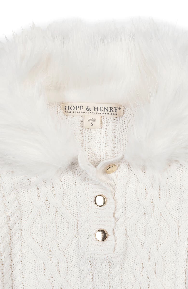 Hope & Henry Kids' Organic Cable Sweater Cape with Faux Fur, Alternate, color, Soft White Cable