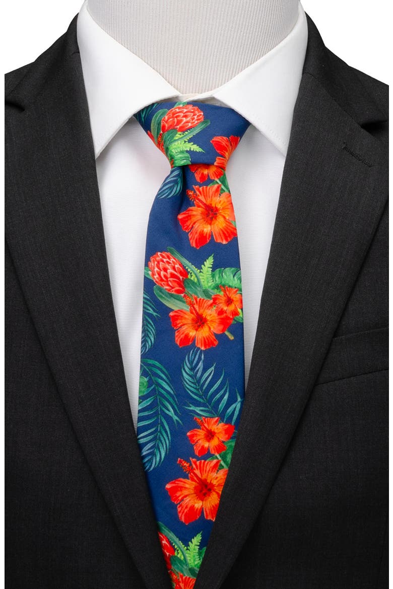 Tropical Hibiscus Silk Blend Tie, Alternate, color, NAVY