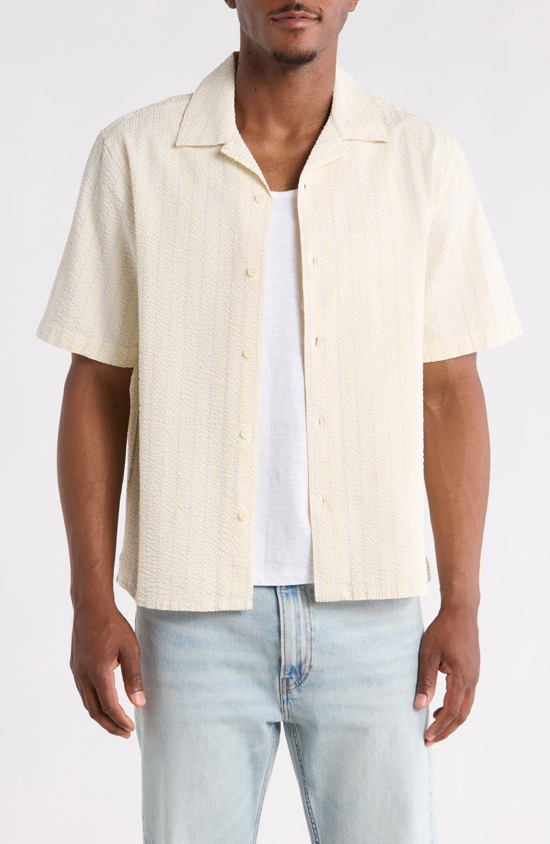 Wax London Didcot Stripe Cotton Seersucker Camp Shirt, Main, color, Ecru/ Blue