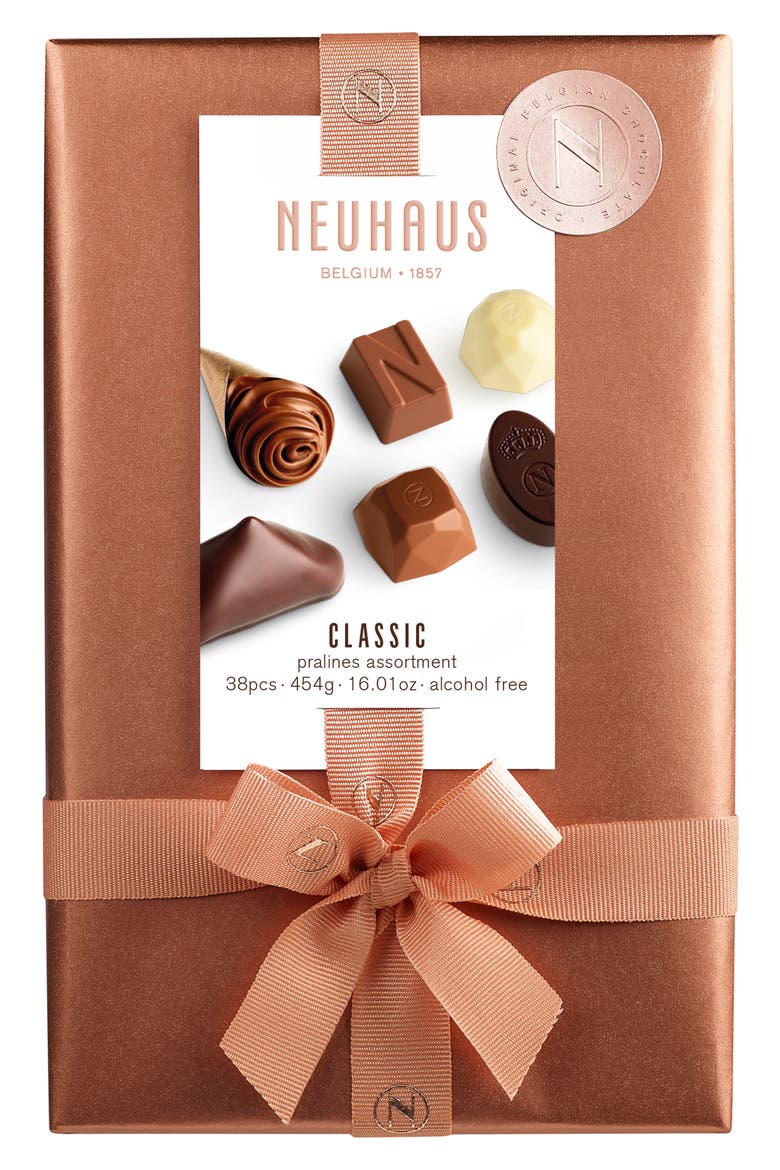 Classic Pralines 38-Piece Milk, Dark & White Chocolate Gift Box, Main, color, BROWN