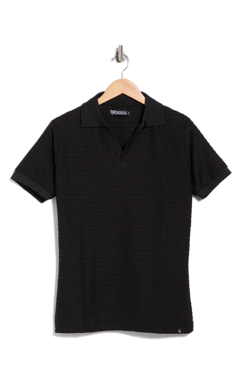 T.R. PREMIUM Modern Fit Textured Johnny Collar Polo Sweater, Alternate, color, Black