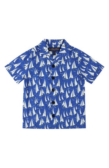 Brooks Brothers Kids' Sailboat Print Camp Shirt In Blue