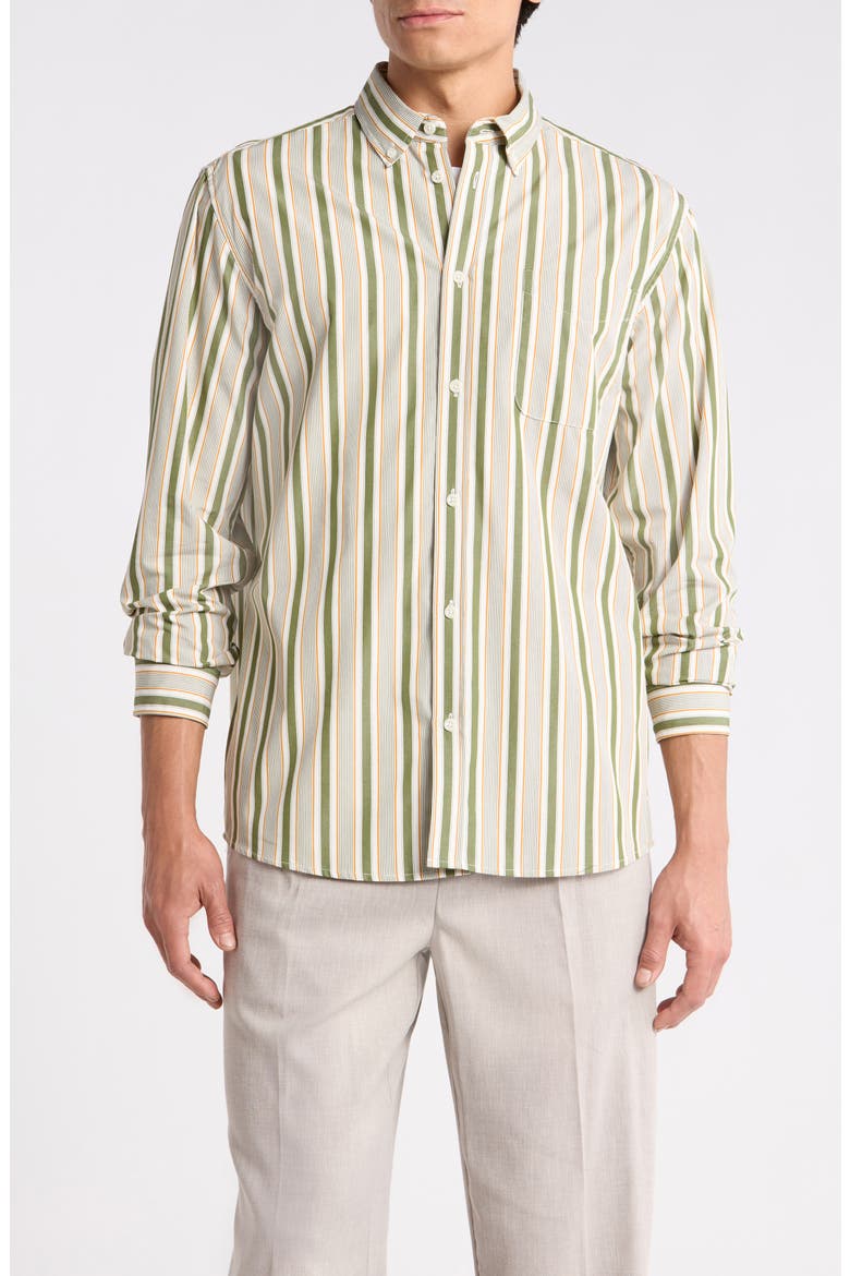 Kent Stripe Peached Organic Cotton Poplin Button-Down Shirt, Main, color, CHIVE GREEN/ THAI CURRY