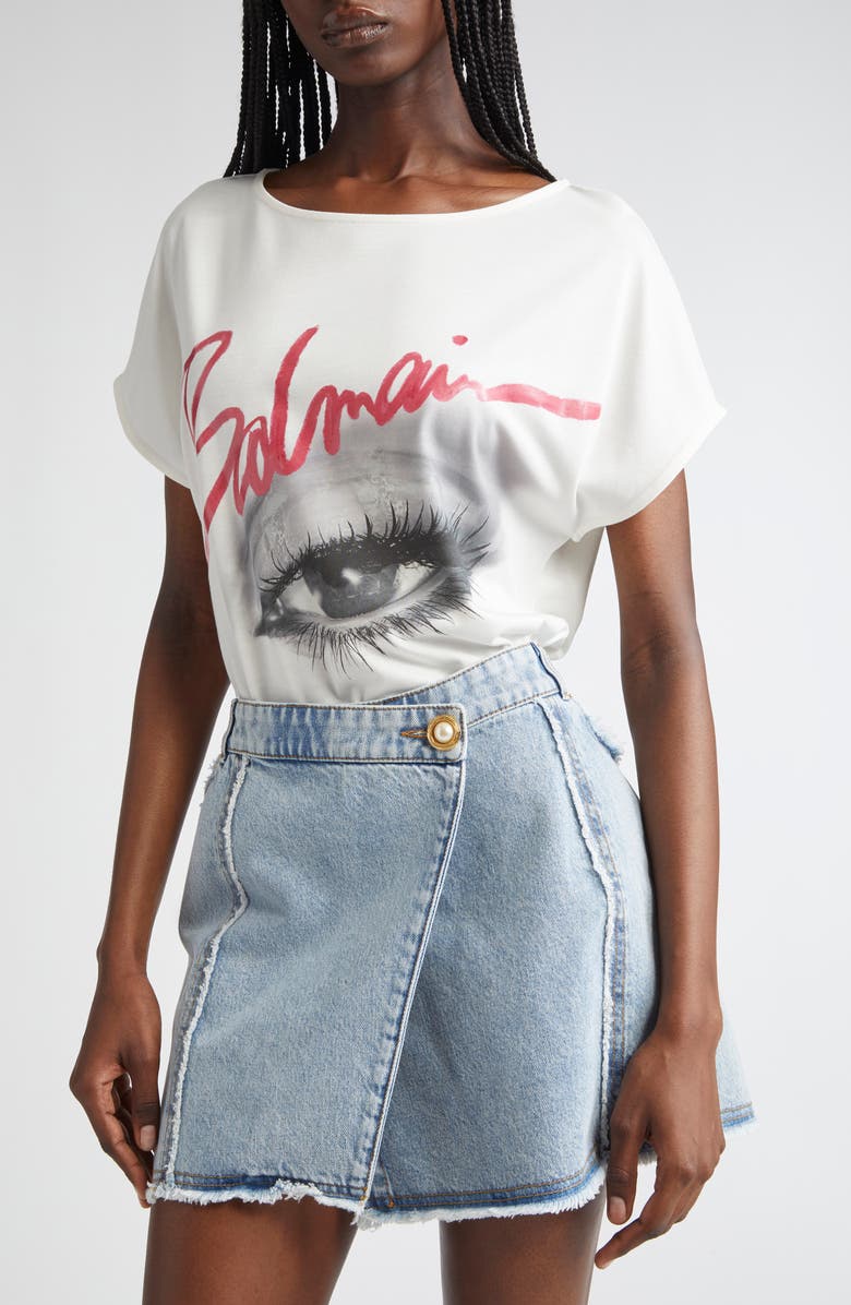 Balmain Eye Boat Neck Graphic T-Shirt, Alternate, color, White Multi