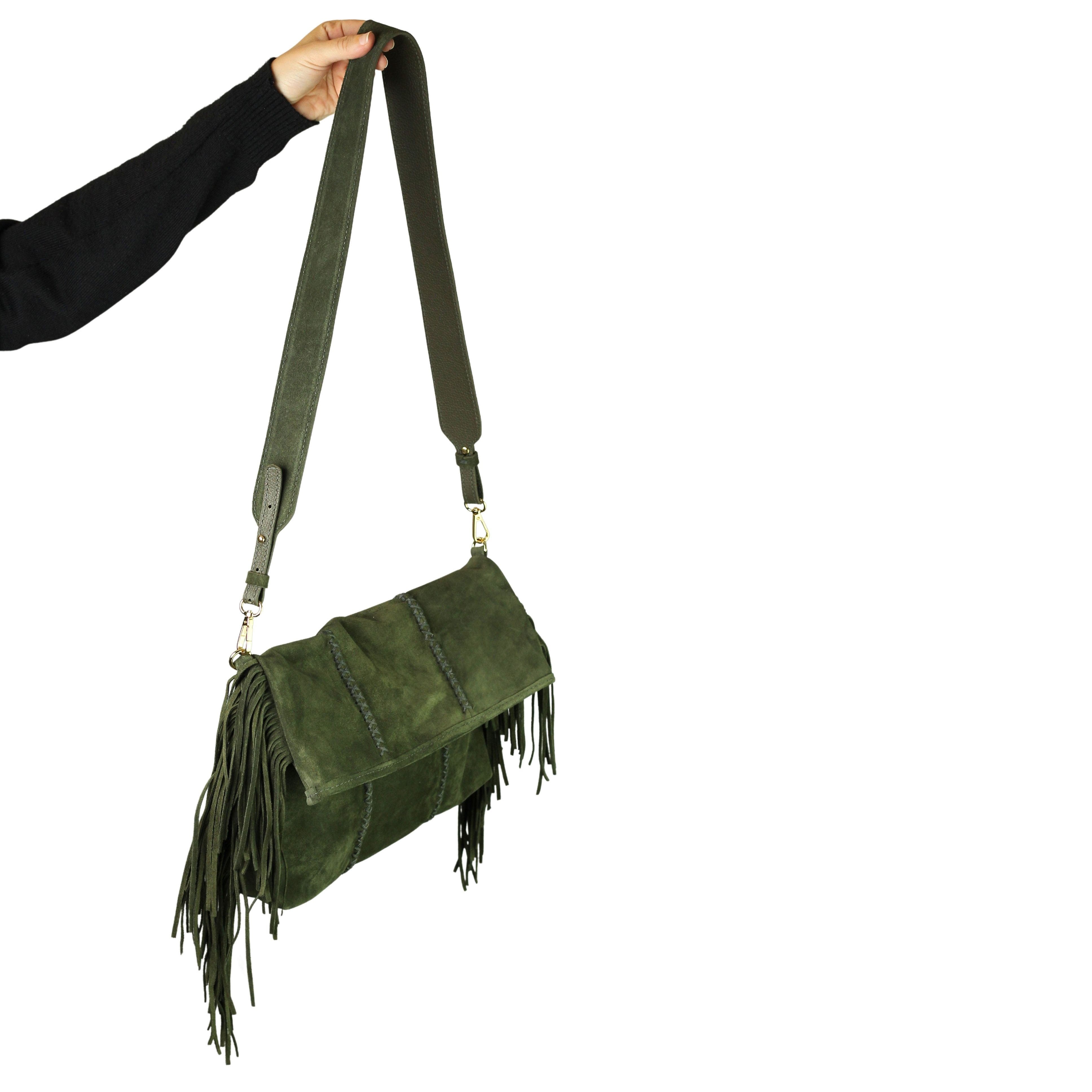 Fringe Suede Crossbody Messenger Bag, Alternate, color, Olive