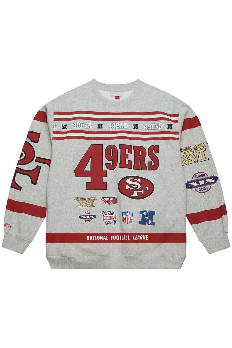Men's Mitchell & Ness  Heather Gray San Francisco 49ers All Over Print Vintage Fleece Crewneck Sweatshirt, Alternate, color, Heather Gray