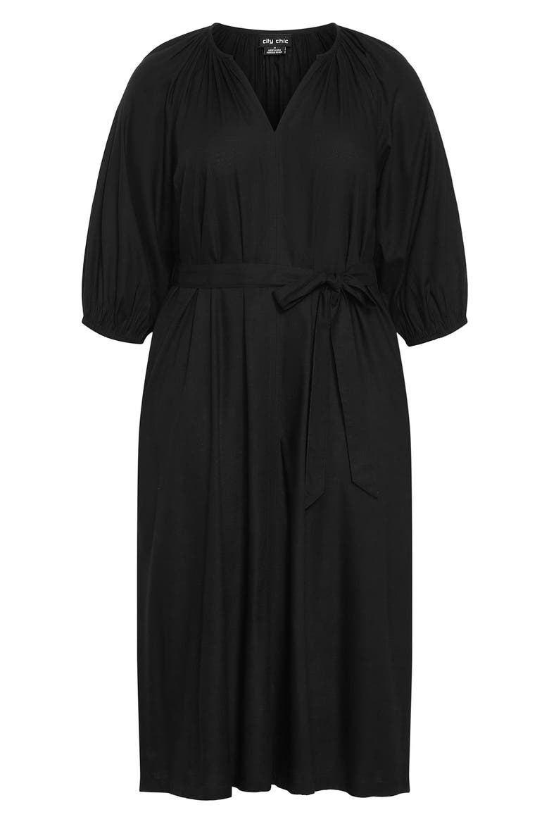 Davina Puff Sleeve Tie Waist Midi Dress, Alternate, color, BLACK